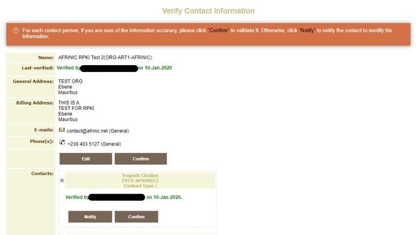 Verify Contact Information page showing the status changed to Verified with contact and date